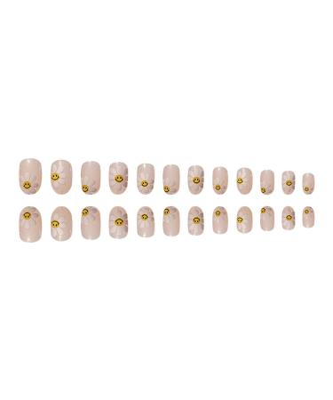 Flower Almond Short Press On Nails - 24PCS Nude Pink Full Cover False Nails with Glue - Summer Cute Designs for Women & Girls - Buy Online on GoSupps.com