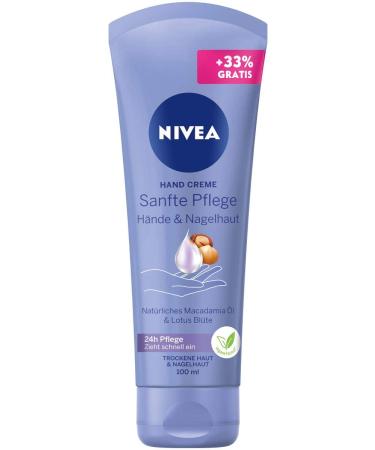 Nivea gentle care hand cream (100 ml) rich skin cream with macadamia oil and lotus flower intensive hand care for smooth hands and cuticles.