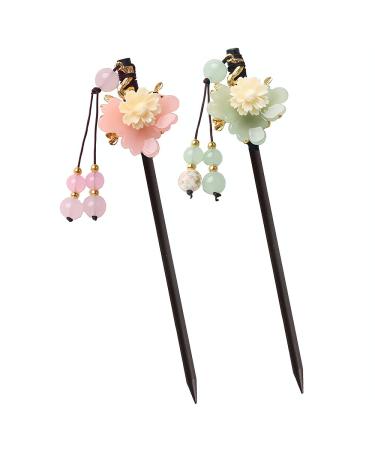 Opexicos 2Pcs Women Hair Jewelry Glass Glazed Flower Chinese Hairpin Ethnic Hair Stick with Stone Tassel Bride Accessories Gift