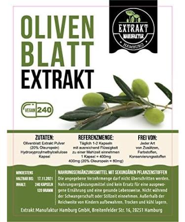 Olive Leaf Extract 240 Capsules | 20% Oleuropein | Vegan & Additive-Free | High Dose 400mg | Imported from Germany - Buy Online on GoSupps.com
