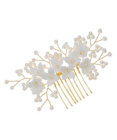 Housoutil Bridal Comb Hair Gems for Women Bridal Hair Side Comb Bride Hair Accessory Bridal Flower Hair Comb Bride Headpiece Hair Accessories for Women Pearl Beautiful Miss Ceramic Flower