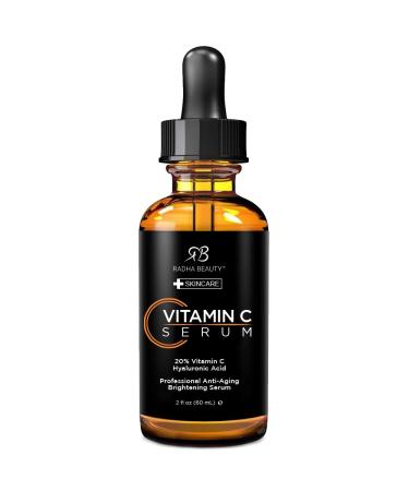Radha Beauty Natural Vitamin C Serum for Face  HUGE 2oz - 20% Organic Vitamin C + Vitamin E + Hyaluronic Acid  Facial Serum for Anti-Aging  Wrinkles  and Fine Lines