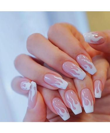 Bmirth Flame Glossy Press on Nails Long White Fake Nails Coffin False Nails Full Cover Artificil Nails for Women and Girls(Style 3)