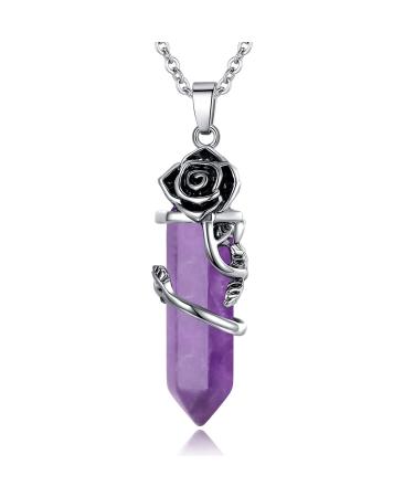 XIANNVXI Rose Flower Pendant Necklace for Women Healing Crystals Hexagonal Stones Necklaces Reiki Spiritual Natural Gemstone Quartz Point Jewelry Purple