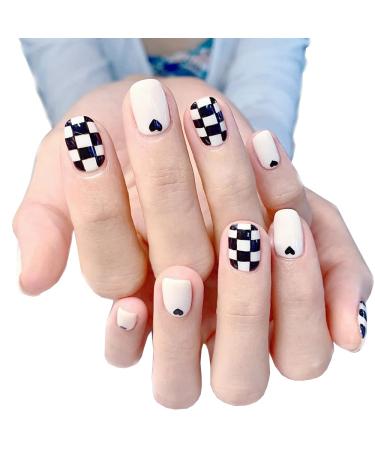 Black Heart Short Press on Nails Set Square French Black White Checkerboard Acrylic Fake Nails with Glue Glossy Fake Nails for Women and Girls Nail Supplies 24Pcs
