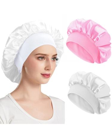 AliLeader Hair Bonnet for Sleeping 2Pcs Silk Hair Wrap for Sleeping Soft Satin Bonnet Sleep Cap for Curly Hair Elastic Band Bonnet for Curly Hair Silk Bonnet for Sleeping (Pink+White)