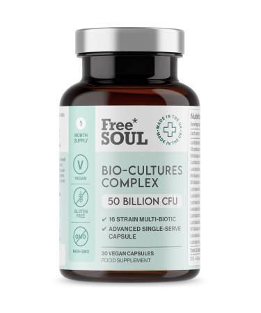 Super Strength 50 Billion CFU Advanced Pro Bio Cultures Complex with 16 Live Strains | Advanced Single Capsule Serving | Multi Strain Formula | Vegan Digestive Enzyme Supplement | UK Made - Free Soul