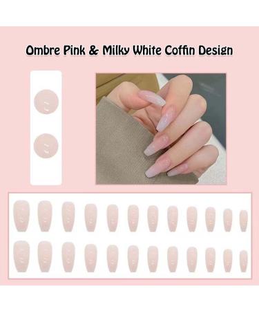 Ombre Press on Coffin Nails - Milky White Pink Design | 24 Pcs Glue on Acrylic Full Cover Gel Nails for Women - Perfect for Wedding & Birthday - Buy Online on GoSupps.com