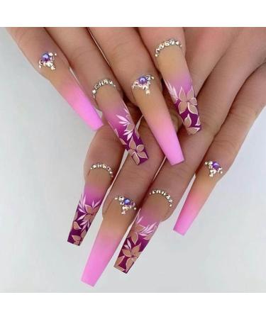 Foccna Artificail Extra Long Press on Nails  Rhinestone Pink Fake Nails with Glitter Acrylic Full Cover Fake Nails with Design Nail Tips for Women&Girls  24PCS