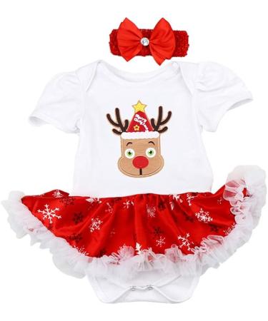 FYMNSI Baby Girl My First Christmas Outfit Princess Tutu Romper with Shoes and Headband | 3pcs Set for 0-18 Months | Reindeer Xmas Tree Print | 3-6 Months White - Buy Online on GoSupps.com
