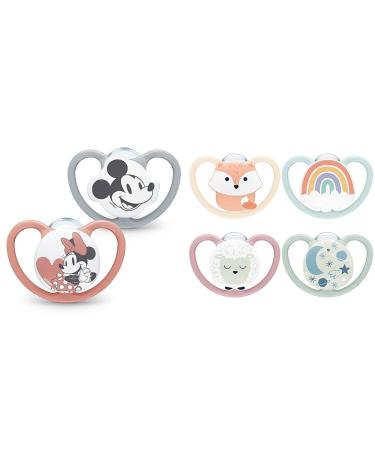 Nuk Space Schnuller |18-36 months |Pacifier with extra ventilation |BPA-free silicone |Disney Mickey Mouse |Gray and pink |2 pieces & Space Day & Night Baby Casing |0-6 months