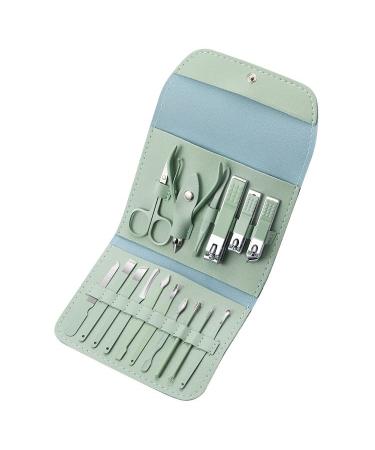 Manicure Set Professional Nail Clippers Pedicure Kit 16 pcs Steel Nail Care Tools Grooming Kit with Travel Leather Case for Thick Nails Men Women and Gift (GREEN)