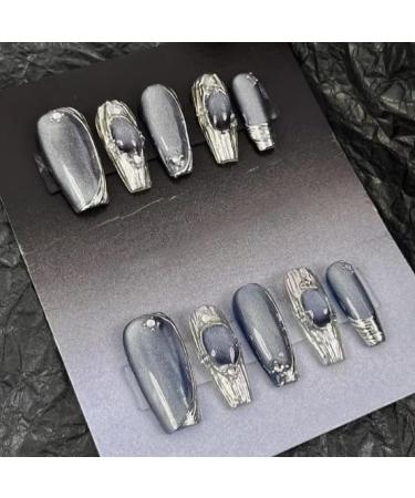 Y2K False Nail Kit Silver Gray Press On Nails Almond Handmade Jelly Gel Fake Nail -3D Sliver Glitter Flash Technology Sense Cat Eye Glitter Almond Glue On Nail Stiletto Acrylic Short Oval Stick On False Nail for Women (XS Small Nail Bed 26mm)