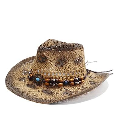 jiaoji Men & Women's Woven Straw Cowboy Cowgirl Straw Hat Cowboy Hats for Women Cowboy Hat Shapeable Brim, Beach Cowgirl Tea Coffee/Beads