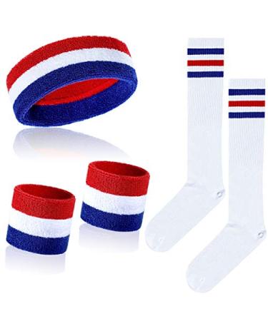 5 Pcs Striped Sweatband Striped Sock Set Wrist Sweatband Headband High Striped Headband for Men Women Sports 80s Party White, Blue and Red