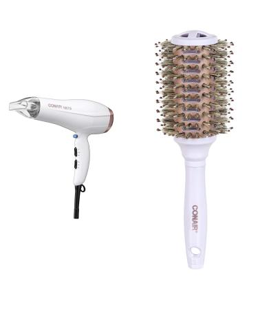 Double Ceramic 1875W Hair Dryer 1.7 pounds & Double Ceramic Vented Boar Round Blow Drying Brush For Women Men All Hair Types-Lengths (58785WC-2CT) White