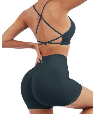 SUUKSESS Women Seamless Workout Set | High Waist Booty Shorts & Strappy Sports Bra | Deep Green | Size 2-4 - Buy Online on GoSupps.com