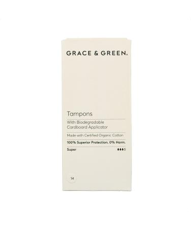 Grace & Green - Organic Tampons - Biodegradable Applicator - Size: Super - Made with Organic Cotton - 100% Free from Plastic - 14x Super Tampons 14 Count (Pack of 1)
