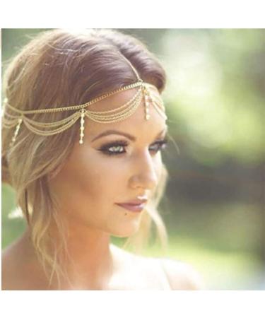 Denifery Gold Rhinestone Wedding Bridal Prom Bohemian Boho Grecian Head Chain Hair Jewelry Head Piece Bollywood Bride Glamorous