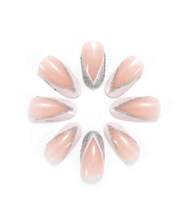 Brishow French Short Press-On Nails | Pink Glitter Ballerina Acrylic Full Cover - 24 pc for Women & Girls - Buy Online on GoSupps.com