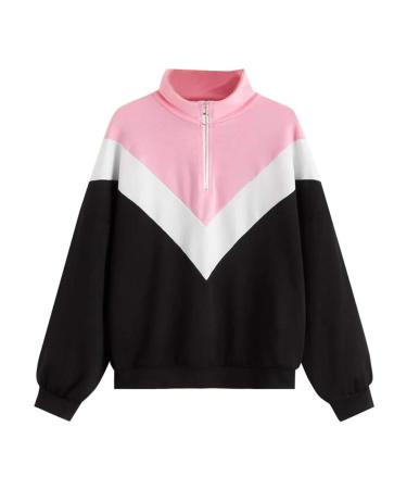 Bigfanshu in Women's Clothing Cut and Sew Zipper Front Stand Collar Sweatshirt Color-Block Blouse Top Pink