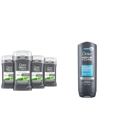 Dove Men+Care Deodorant Stick for Men Extra Fresh 4 Count Aluminum Free 3 oz & Body and Face Wash Clean Comfort 4 Count for Healthier and Stronger Skin Effectively Washes Away Bacteria
