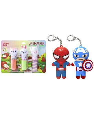 Lip Smacker Lippy Pals Flavored LIp Balm Set Of 3 Unicorn Panda Kitten Foxy Apple & Marvel Spiderman and Captain America Superhero Flavored Lip Balm Keychains 2 Pack