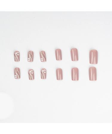 24 Pcs Pink Glossy Medium Square Press on Nails with Heart French Line - Stylish False Nails for Women - Buy Online on GoSupps.com