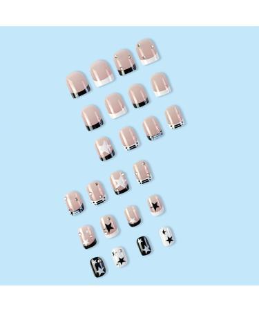 French Tip Press on Nails - Short Square Black & White Star Rhinestones | Reusable Glossy Full Cover Artificial Nails for Women - Buy Online on GoSupps.com