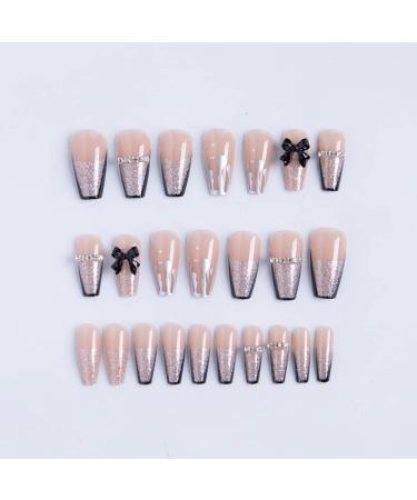 Pink Press On Nails Black French Tip with 3D Black Bow Knot Bling Rhinestones - 24pcs Medium Coffin Fake Nails for Women with Nail Glue - Buy Online on GoSupps.com
