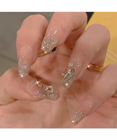 24Pcs/Set Press On Nails Medium Length Diamond Glitter Powder False Nails Acrylic Fake Nails Full Cover Nails Tips Artificial Finger Manicure Press on nails for Women and Girls