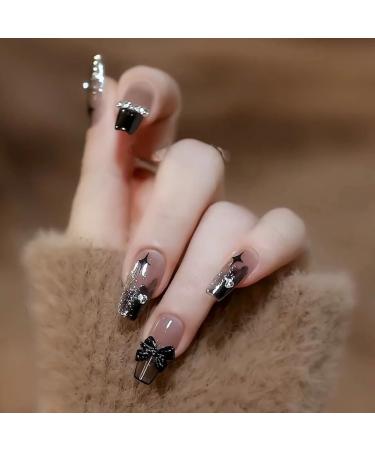 24Pcs/Set Press On Nails Long Black French Bow False Nails Acrylic Fake Nails Full Cover Nails Tips Artificial Finger Manicure Press on nails for Women and Girls