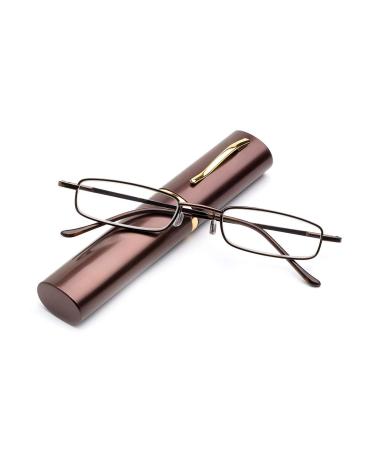 Flexible metal reading glasses visual aid feather-hinge reading aid unisex reader with glasses case such as pen holders (brown 2.0) brown +2 diopters