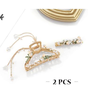 Buy Bohend Flower Leaf Hair Clamp with Pearls - Strong Big Hair Clips for Women & Girls | Wedding Macrame Head Accessories - Buy Online on GoSupps.com