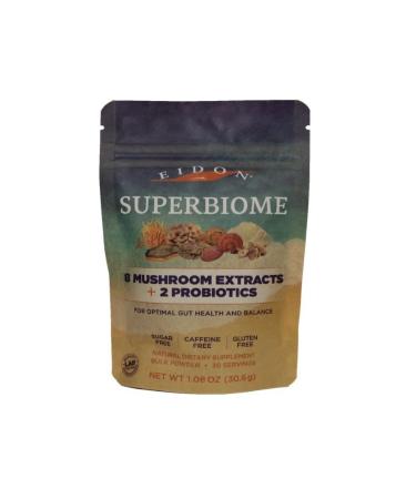 Eidon SuperBiome Mushrooms and Probiotics Powder Gut Balance Microbiome Health with Reishi Chaga Lion's Mane Cordyceps Turkey Tail Shitake Maitake Phelinus Mushroom Extract | 30 Servings