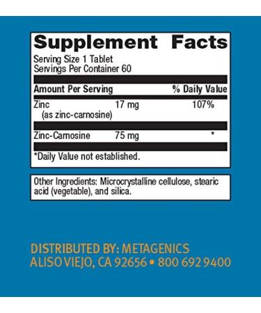 Metagenics Zinlori 75 High Potency Zinc Carnosine Supplement - 60 Tablets for Minor Stomach Discomfort Relief - Buy Online on GoSupps.com
