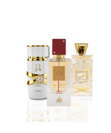 Lattafa 3-Piece Set for Unisex (3.4 Oz Musk Mood Eau De Parfum Spray + 2.0 Oz Ana Abiyedh Rouge Eau De Parfum Spray + 3.4 Oz Yara Moi Eau De Parfum Spray)