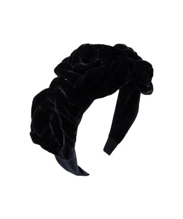 Golden Velvet Flower Headband with Large Flower Hair Clasp and Stylish Headband (Black)