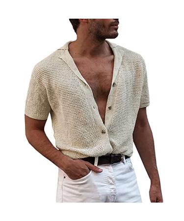 Men's Button Down Shirts Summer Lightweight Mesh Wool Knit Cardigan Sweater Fashion England Style Short Sleeve Tops Yellow Large