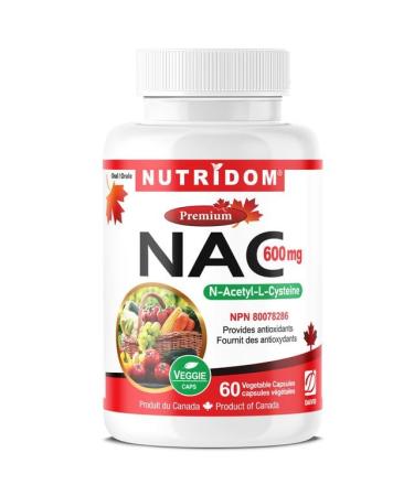Nutridom NAC 600 mg N-Acetyl-L-Cysteine Non-GMO Gluten-free Dairy-free Soy-free Made in Canada (60 Veggie Capsules)