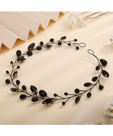 Teyglen Bride Wedding Rhinestone Crystal Hair Vine Handmade Bridal Long Black Rhinestones Headband Wedding Hair Accessories for Brides Vintage Headpieces for Women Girl Party Prom Birthday (Black)