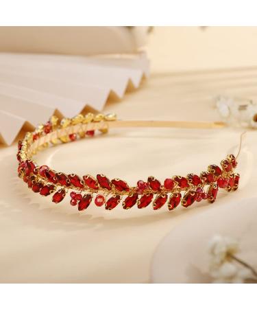 Teyglen Thin Full Red Rhinestone Headband Hair Band Handmade Full Crystal Hair Hoop Gold Sparkly Crystal Hair Accessories for Women Girl (Red)