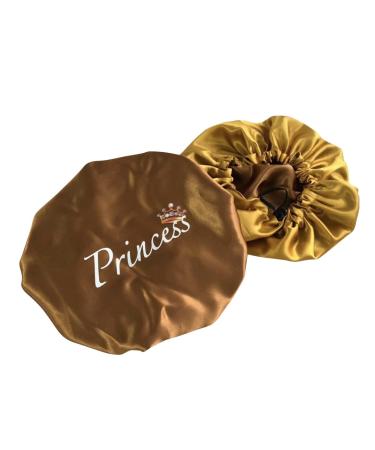 SANKOFA BEAUTY Satin Bonnet Silk Bonnet Reversible Color/Double Layer/Queen/Princess Sleep or Cover Cap with Adjustable Strap/Protective Bonnet for Natural Curly Wavy Straight Hair Brown/Gold