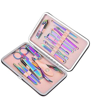 PSGS 1 Set Manicure Nail Kits Stainless Steel Clippers Cutter Pliers Sanding File Acne Needle Toenail Grooming Sets (Color : 15pcs Pink)