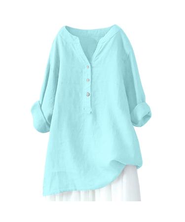 Linen Tops for Women UK Sale Clearance Casual Loose Fit Short Sleeve T-Shirt Crewneck Dressy Shirt Summer Tops Button Up Plus Size Tee Tunic Top Holiday Blouses 2751-qppoj-a-lightblue XXL