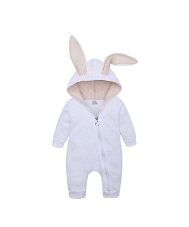 Kids Tales Newborn Baby Winter Warm Outfits Cute Rabbit Ear Hooded Zipper Romper 9-12 Months White