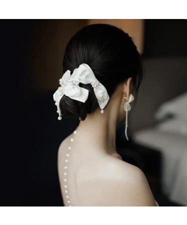 Elegant White Satin Hair Clips with Bow & Pearls - 3pcs Wedding Hair Accessories for Bride & Bridesmaid - Buy Online on GoSupps.com