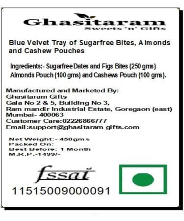 Ghasitaram Gifts Rakhi Gifts for Brothers Blue Velvet Tray of Sugarfree Bites Almonds and Cashew Pouches with Beads Rakhi Tray of Sugarfree Bite Almonds & Cashew with Rakhi - Buy Online on GoSupps.com