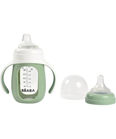 BEABA 2-in-1 Glass Baby Bottle & Sippy Cup Set - Soft Silicone Nipple - Sage Charcoal - 7 oz - Buy Online on GoSupps.com