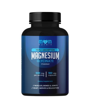 MOM Nutrix Magnesium Glycinate - 500 mg Chelated Triple Absorption Magnesium - Heart Bones Joints Support - Calm & Relax- 180 Capsules